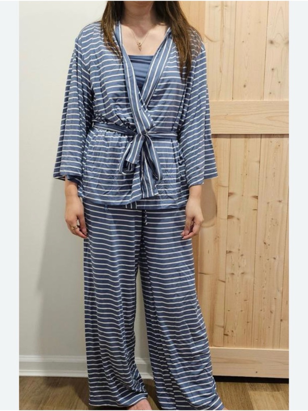 Womens Wide-Leg Stripe 3 Pc Lounge Set- Storm Cloud Blue & White NWT - Picture 7 of 7